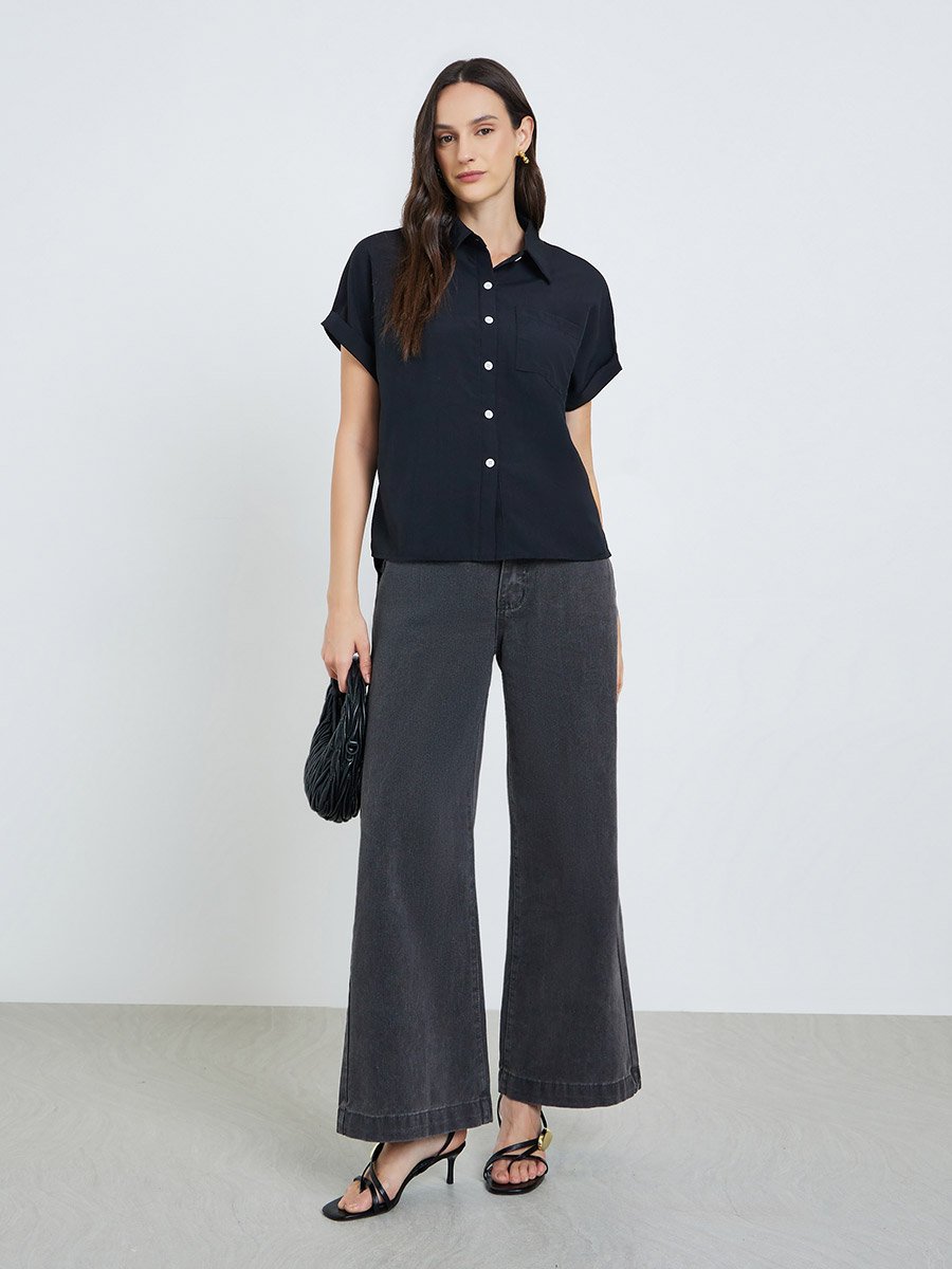 Black Short Sleeve Button-Down Shirt