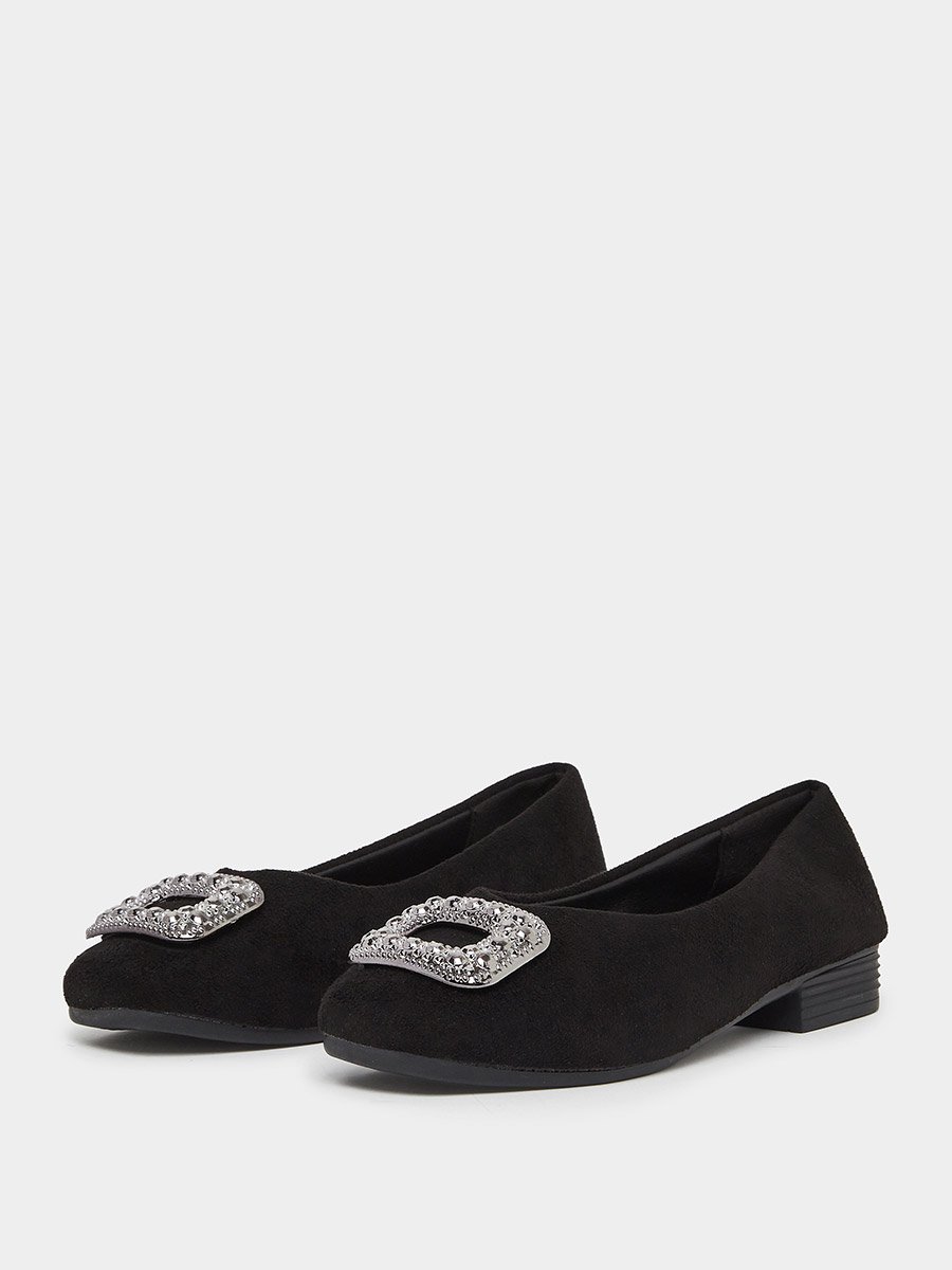 Black Suede Flats with Embellished Buckle