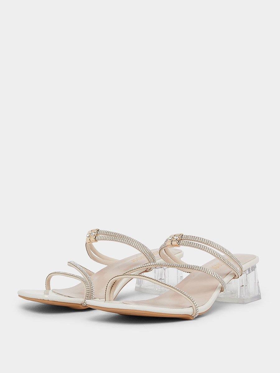 Beige Rhinestone Block Heel Sandals