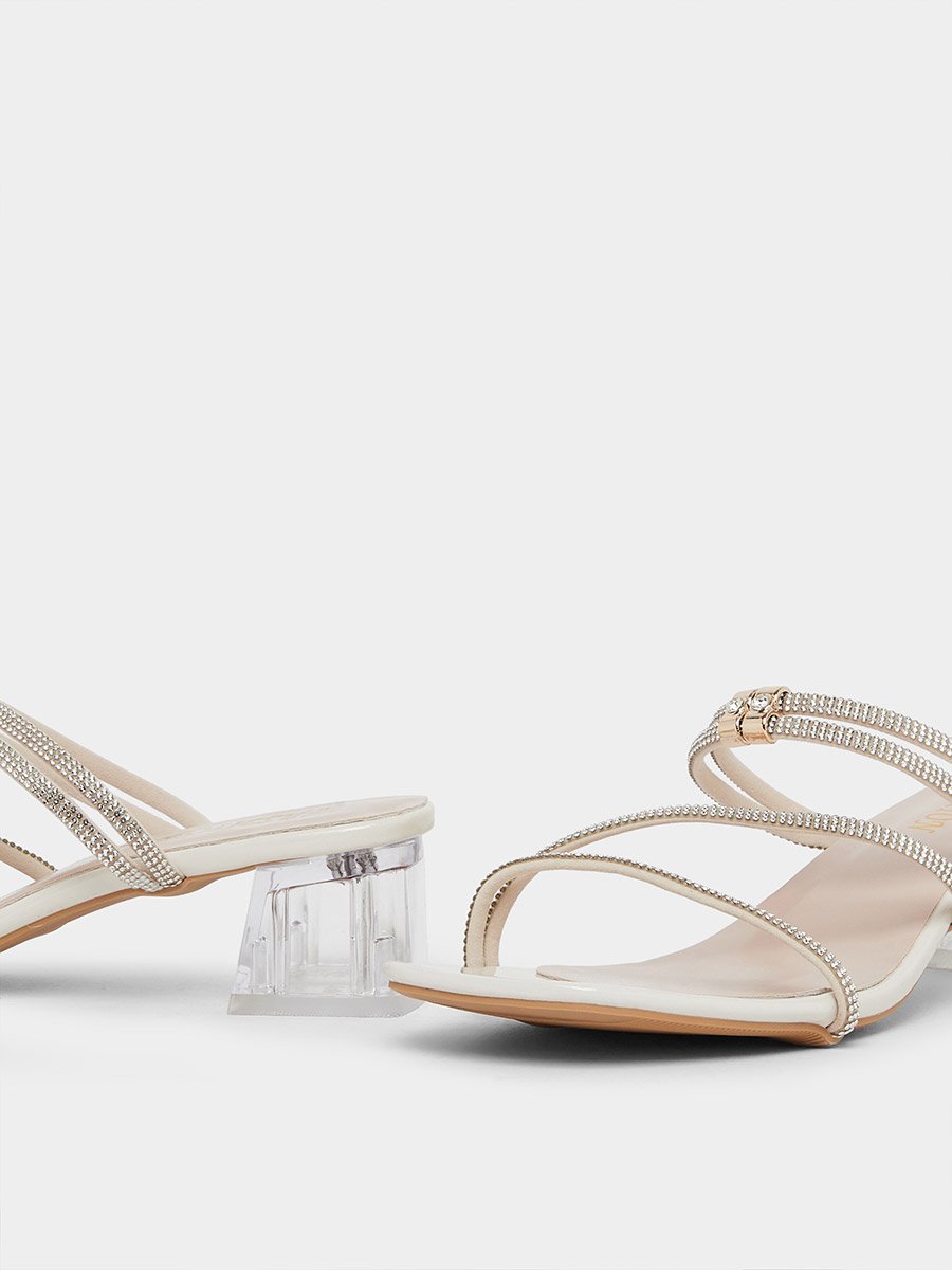 Beige Rhinestone Block Heel Sandals