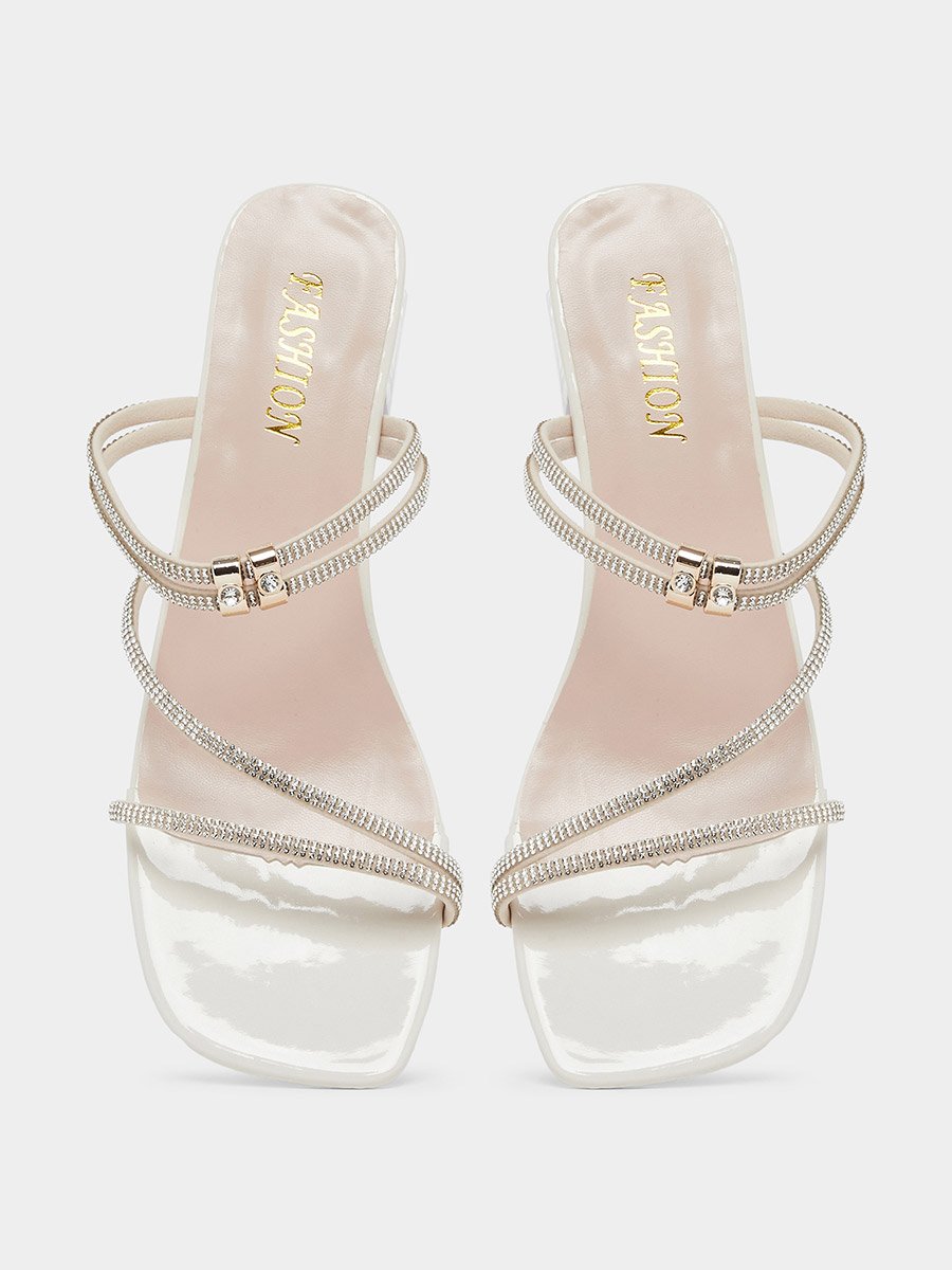 Beige Rhinestone Block Heel Sandals
