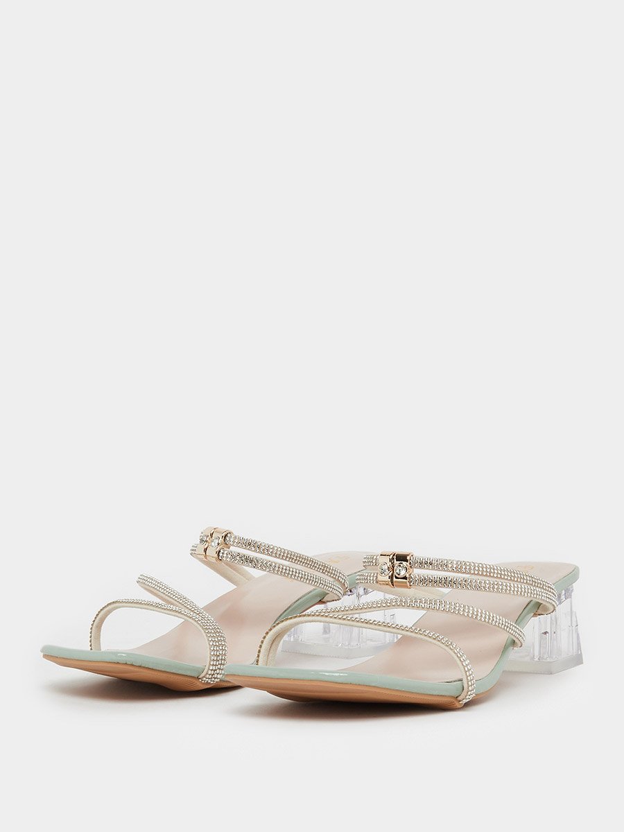 Green Rhinestone Strap Block Heel Sandals