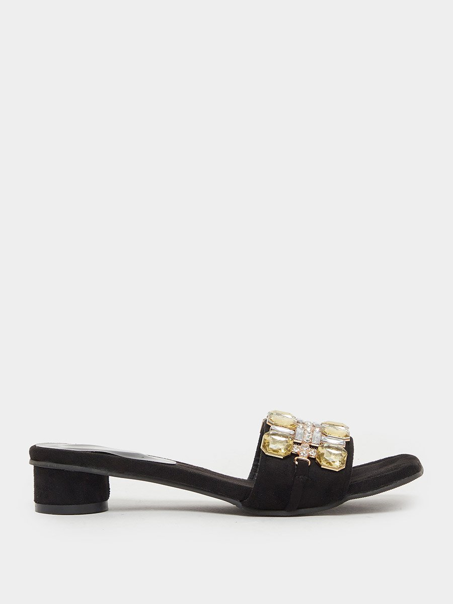 Women Black Embellished Slip on Sandals