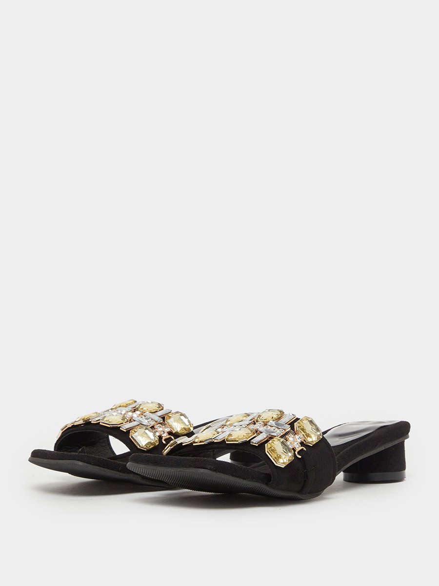 Women Black Embellished Slip on Sandals