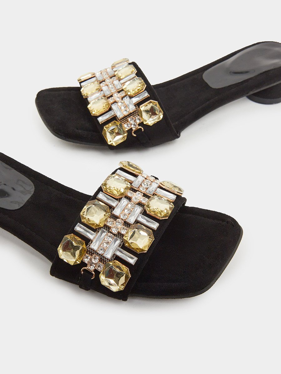 Women Black Embellished Slip on Sandals