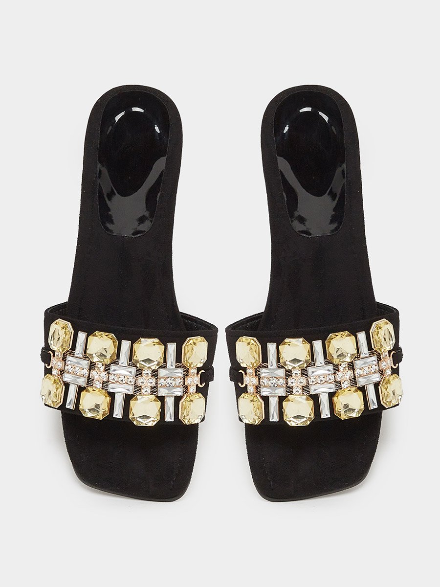 Women Black Embellished Slip on Sandals