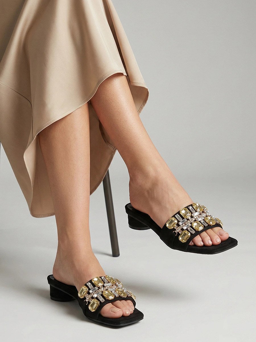 Women Black Embellished Slip on Sandals