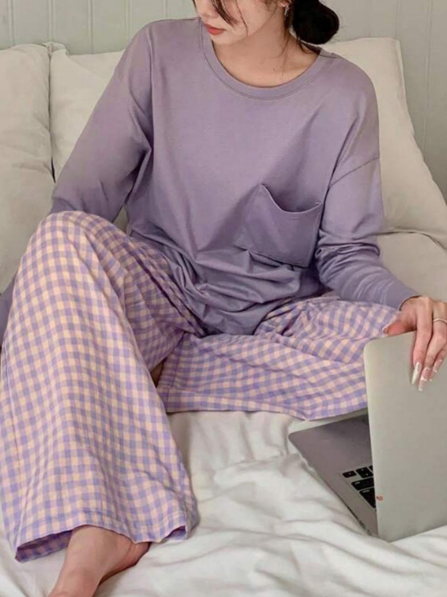 Purple Pocket Detail Long Sleeve Top and Checked Pyjama Set
