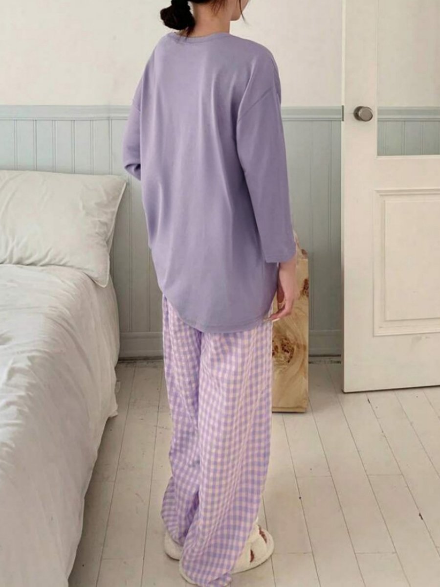 Purple Pocket Detail Long Sleeve Top and Checked Pyjama Set