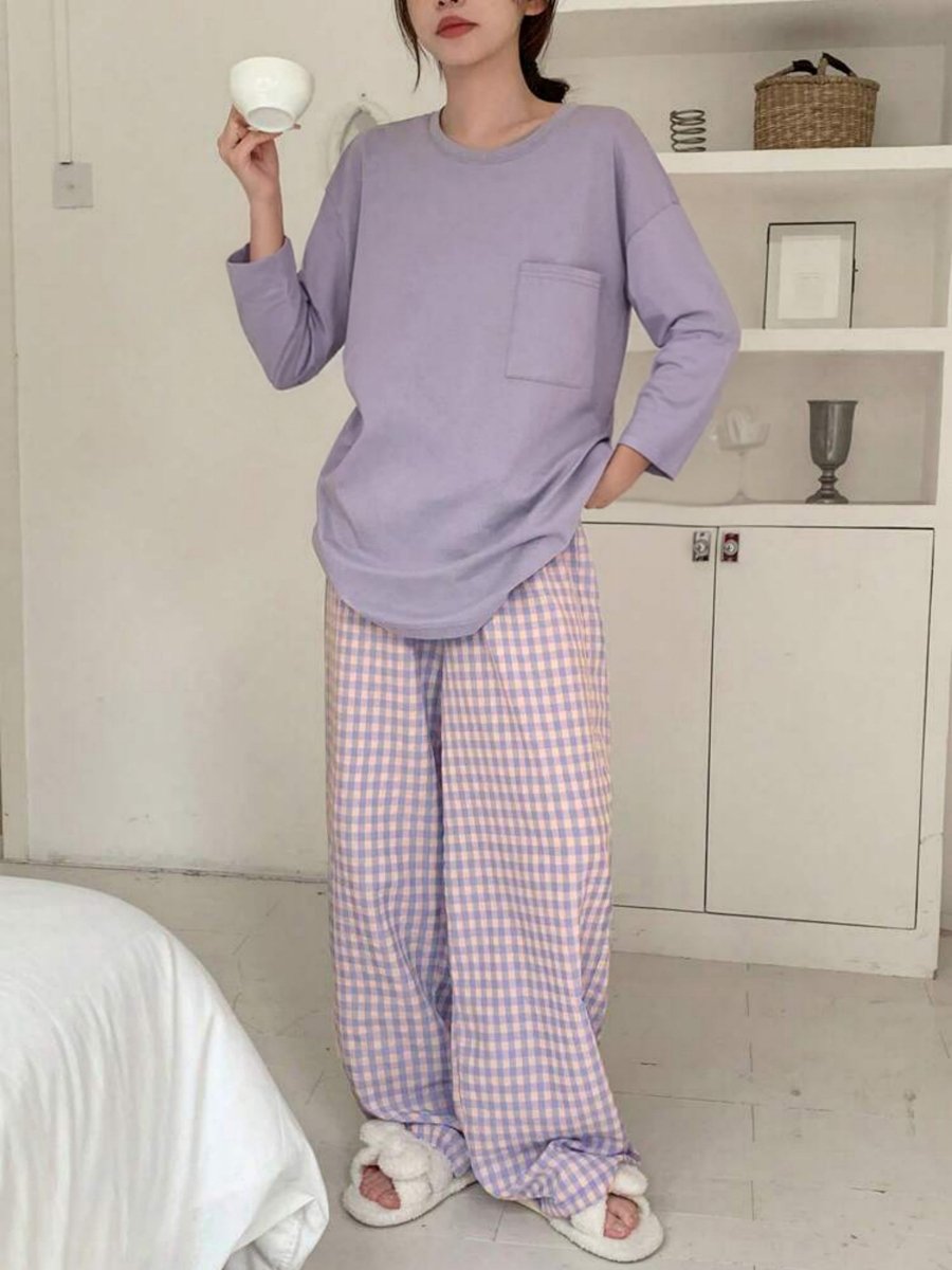 Purple Pocket Detail Long Sleeve Top and Checked Pyjama Set