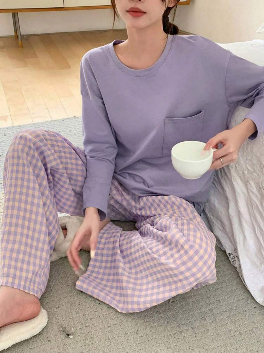Purple Pocket Detail Long Sleeve Top and Checked Pyjama Set