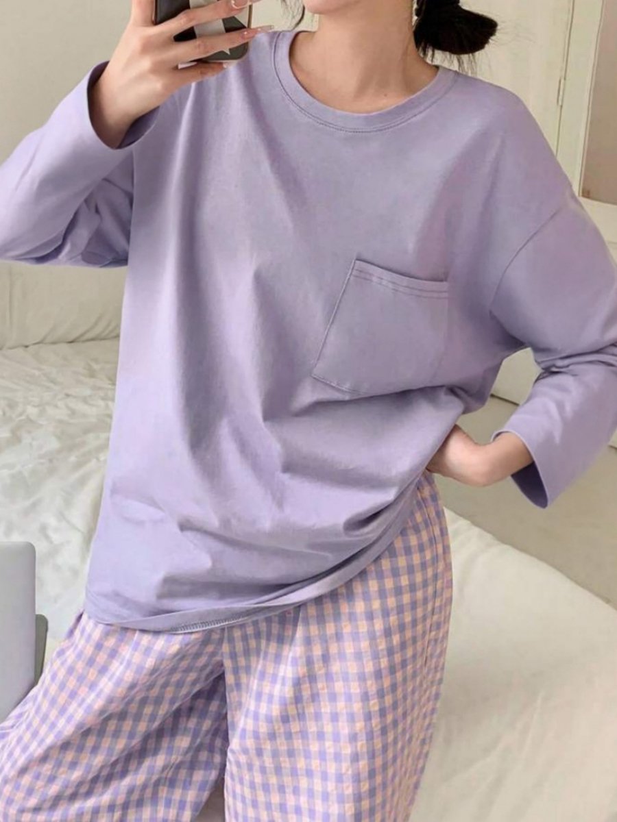 Purple Pocket Detail Long Sleeve Top and Checked Pyjama Set