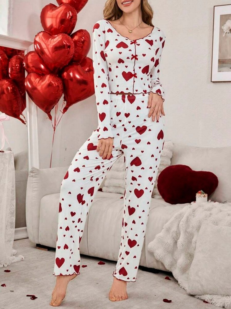 Love-Heart Printed Long Sleeve Top and Pyjama Set