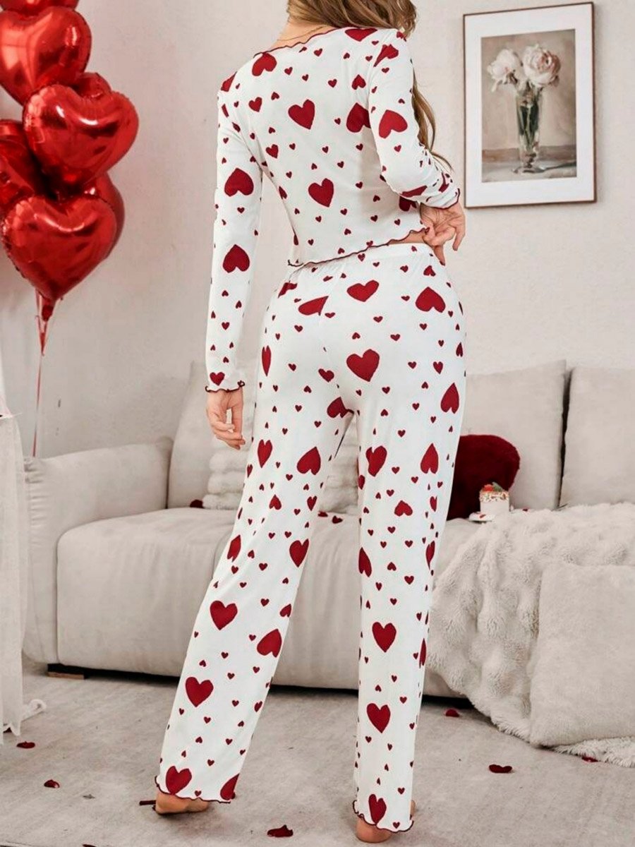 Love-Heart Printed Long Sleeve Top and Pyjama Set
