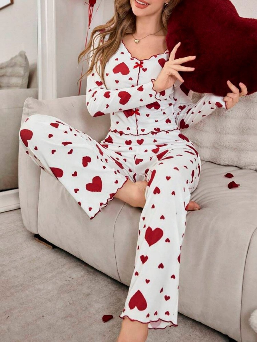Love-Heart Printed Long Sleeve Top and Pyjama Set