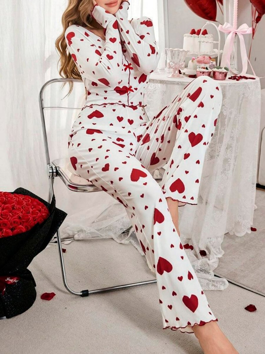 Love-Heart Printed Long Sleeve Top and Pyjama Set