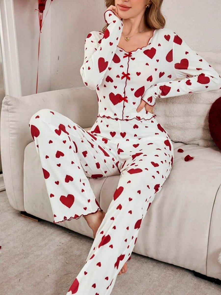 Love-Heart Printed Long Sleeve Top and Pyjama Set