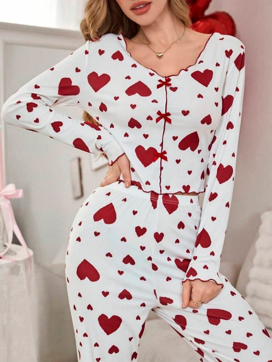 Love-Heart Printed Long Sleeve Top and Pyjama Set