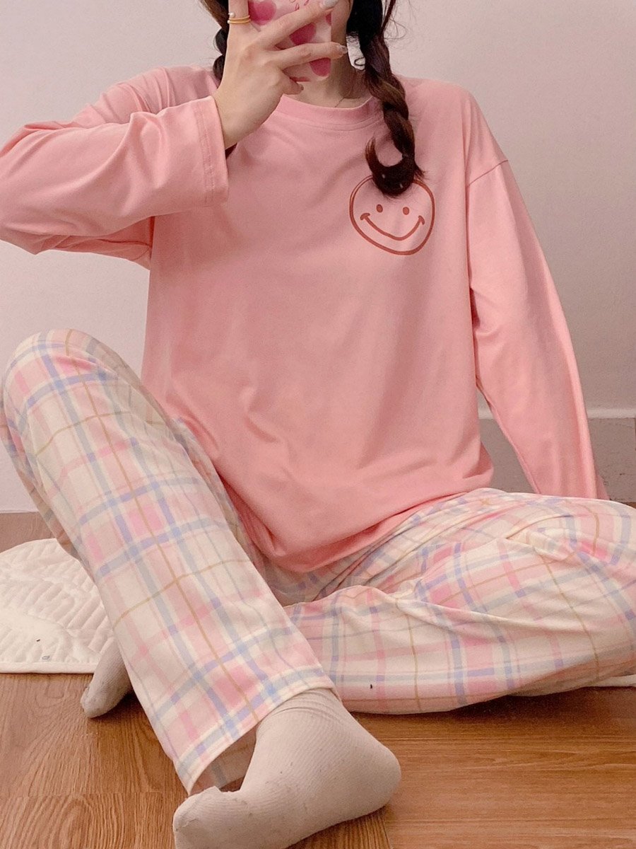 Pink Round Neck T-Shirt and Checked Pyjama Set