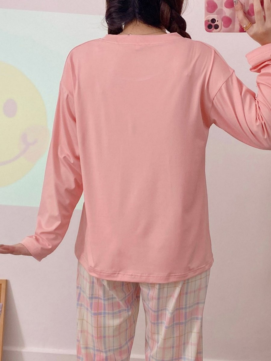 Pink Round Neck T-Shirt and Checked Pyjama Set