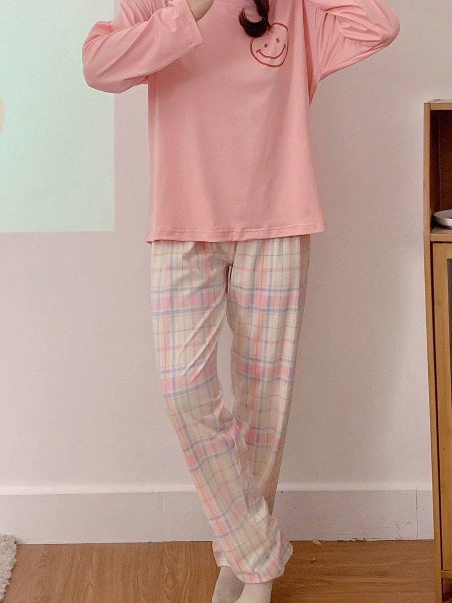 Pink Round Neck T-Shirt and Checked Pyjama Set