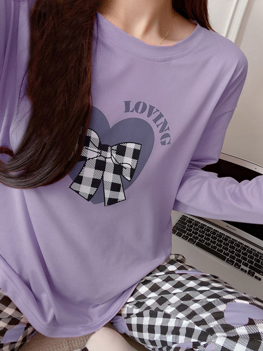 Purple Heart Long Sleeve T-Shirt and Checked Pyjama Set