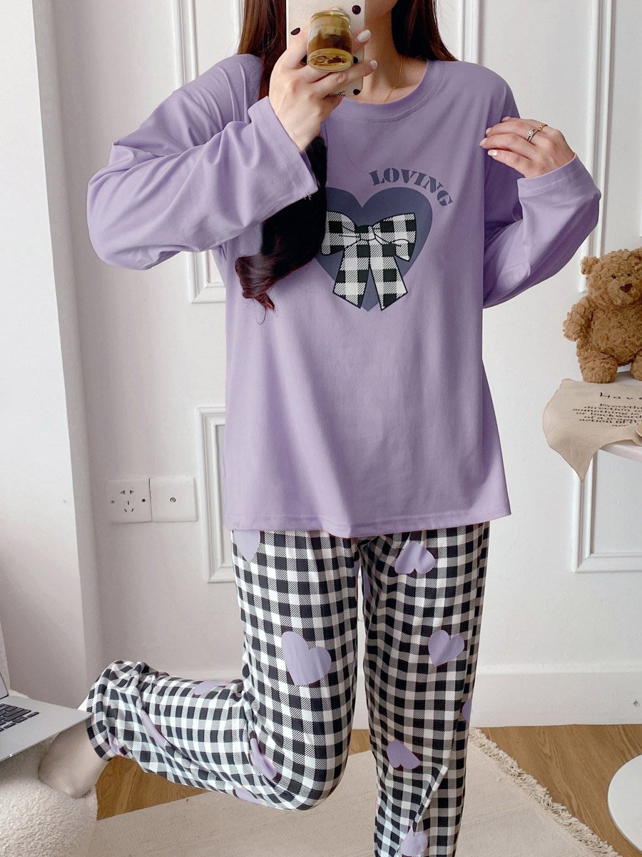 Purple Heart Long Sleeve T-Shirt and Checked Pyjama Set