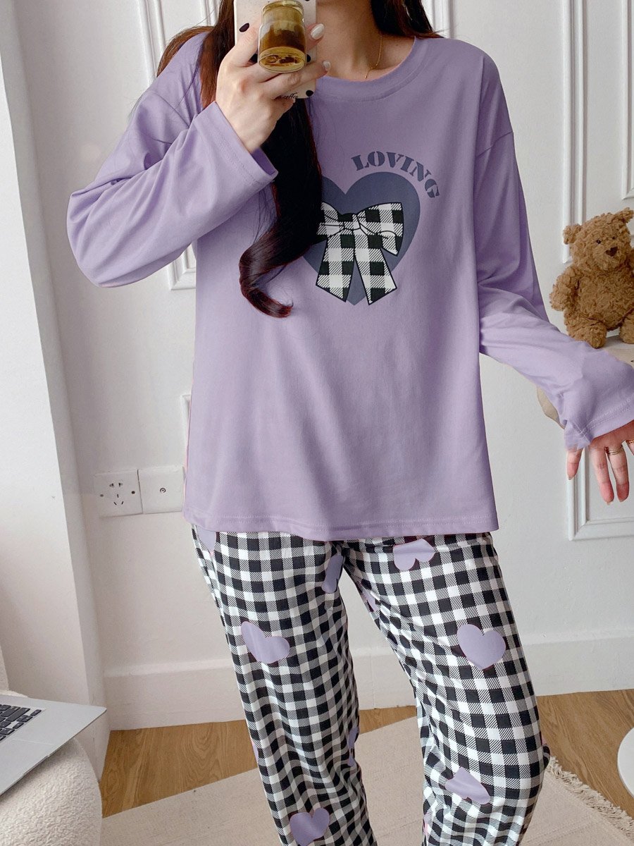Purple Heart Long Sleeve T-Shirt and Checked Pyjama Set
