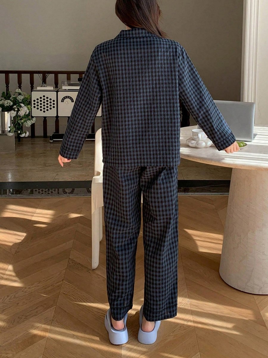 Plus Size Checked Pocket Detail Shirt and Pyjama Set
