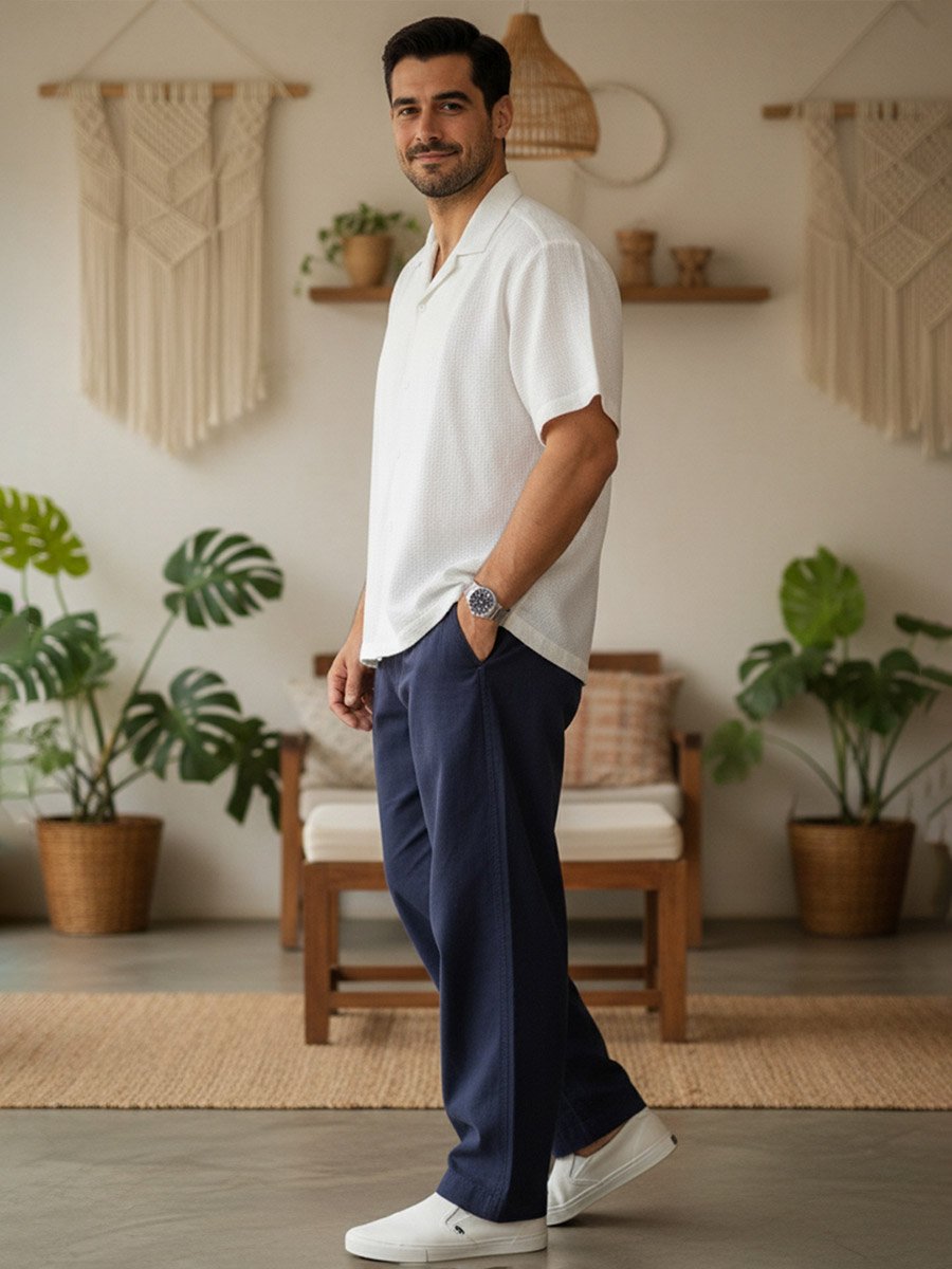 Men Navy Regular Fit Cotton Flex Trousers