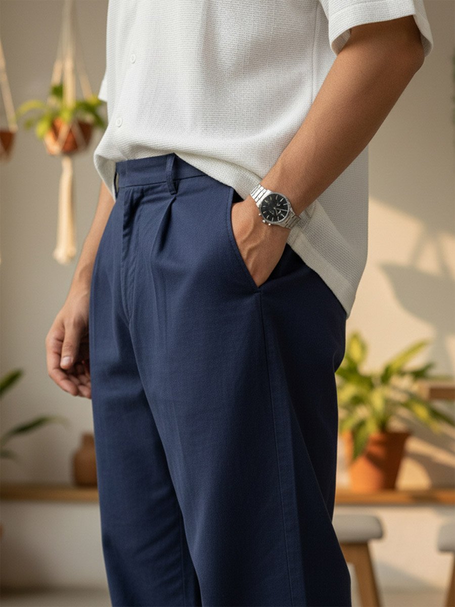 Men Navy Regular Fit Cotton Flex Trousers