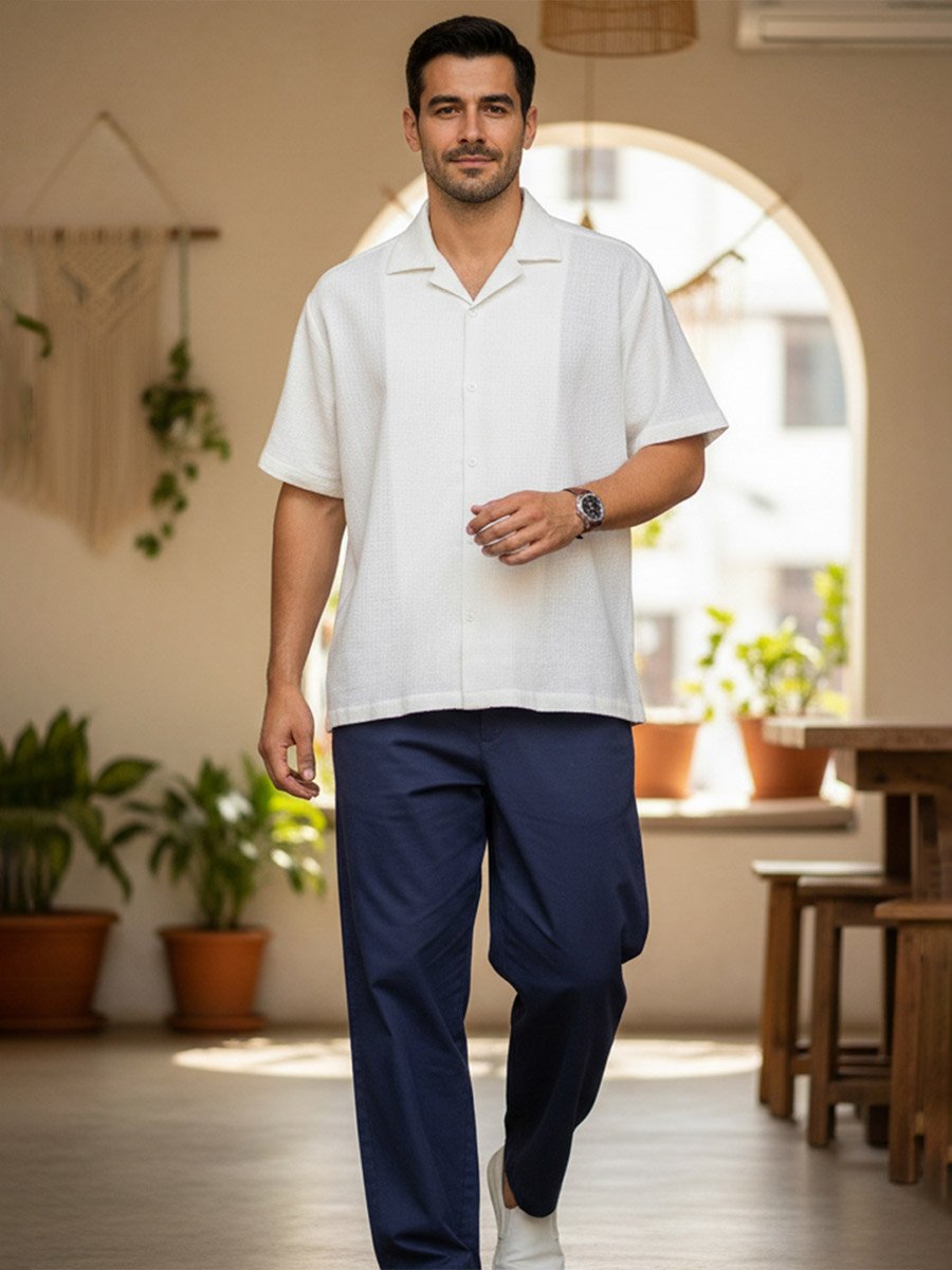 Men Navy Regular Fit Cotton Flex Trousers