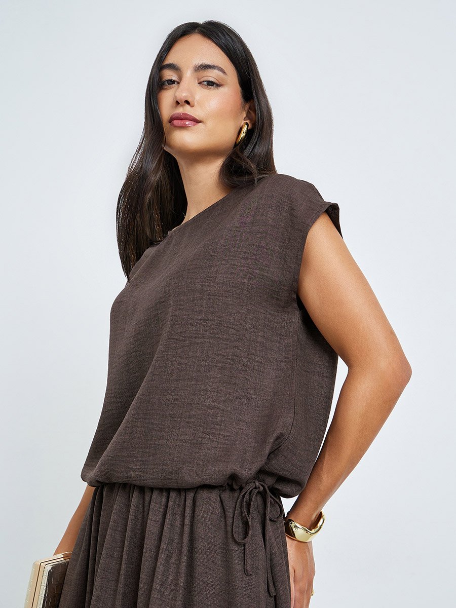 Brown Waist Drawstring Tie Blouse