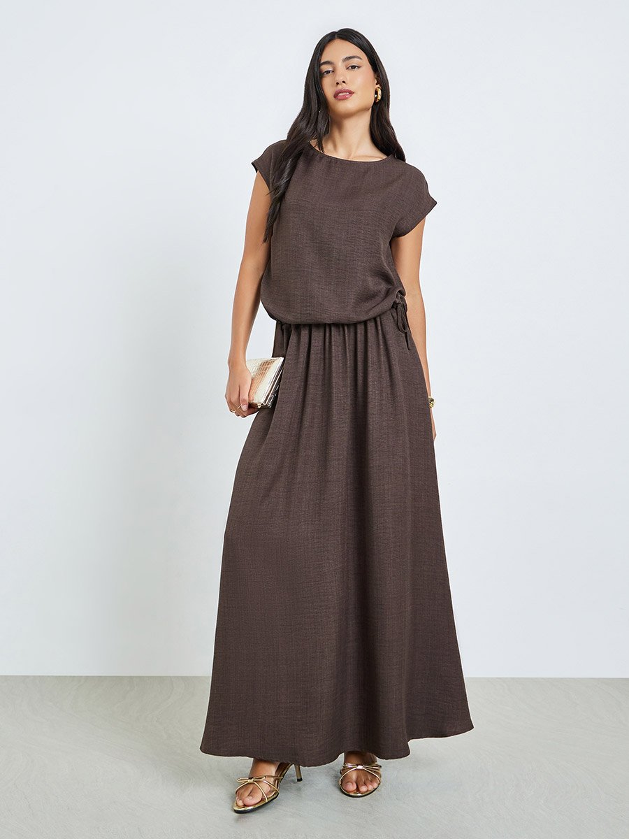 Brown Waist Drawstring Tie Blouse