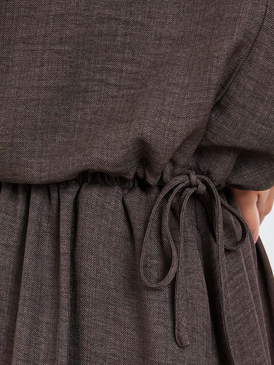 Brown Waist Drawstring Tie Blouse