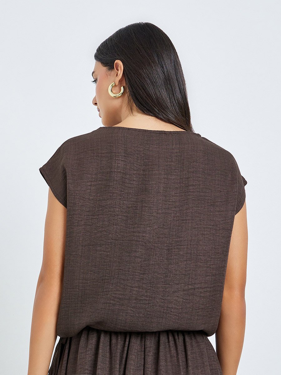 Brown Waist Drawstring Tie Blouse