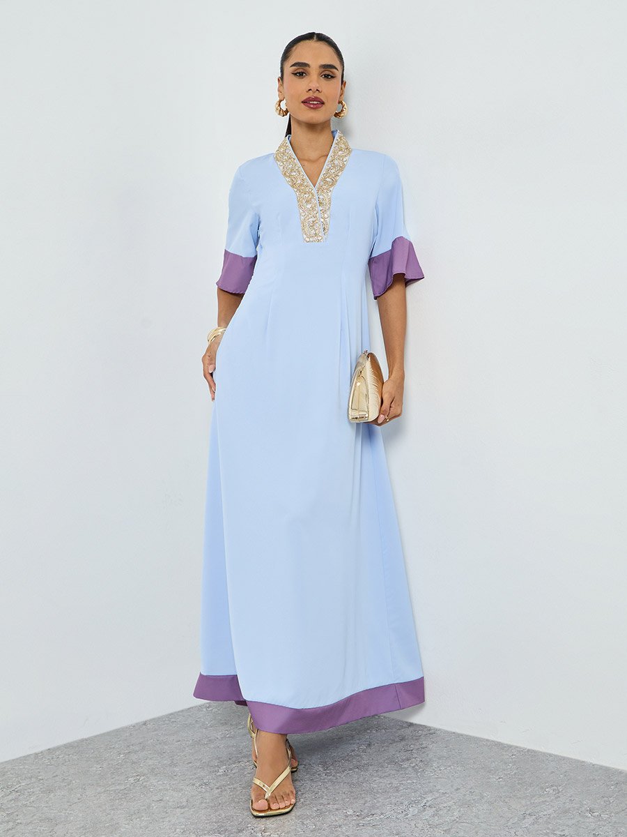 Blue Embroidered Short Sleeve Jalabiya