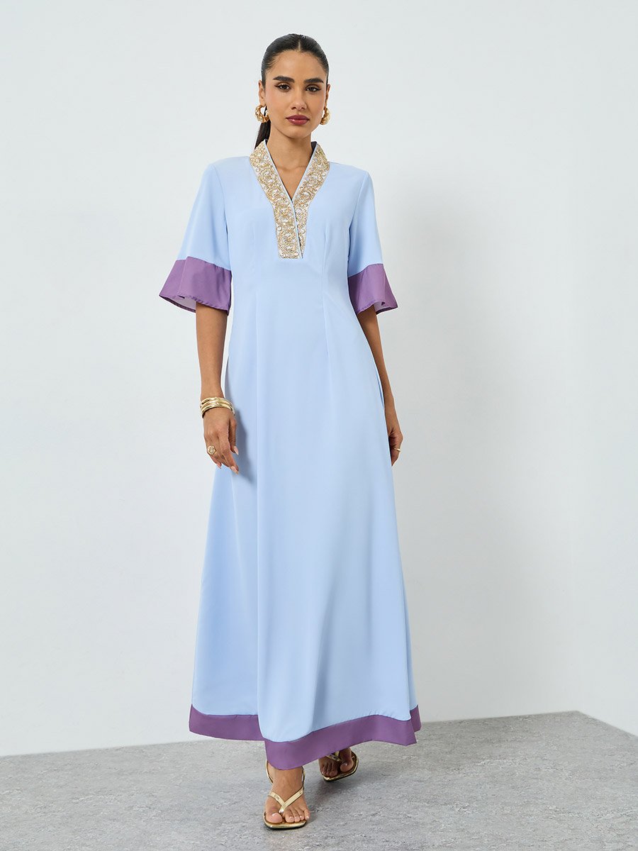 Blue Embroidered Short Sleeve Jalabiya