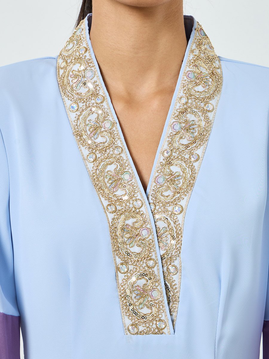 Blue Embroidered Short Sleeve Jalabiya