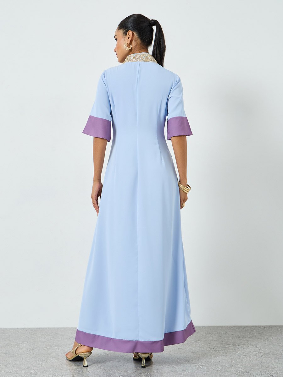 Blue Embroidered Short Sleeve Jalabiya