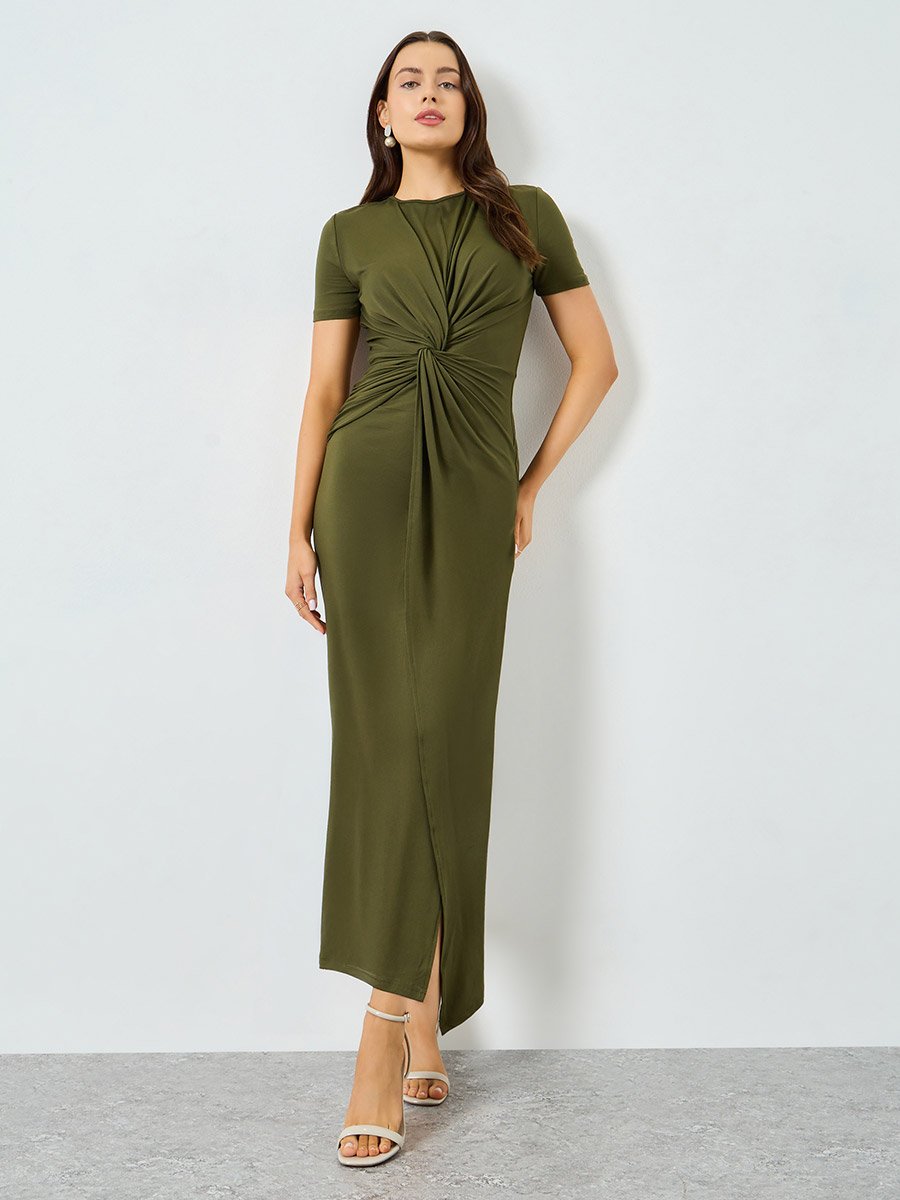 Olive Fitted Waist Bodycon Maxi Dress For Women at Kuwait | Styli Olive Fitted Waist Bodycon Maxi Dress For Women at Kuwait | Styli