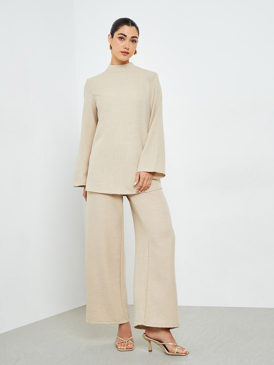 Beige Oversized Top and Wide Leg Pants Modest Set