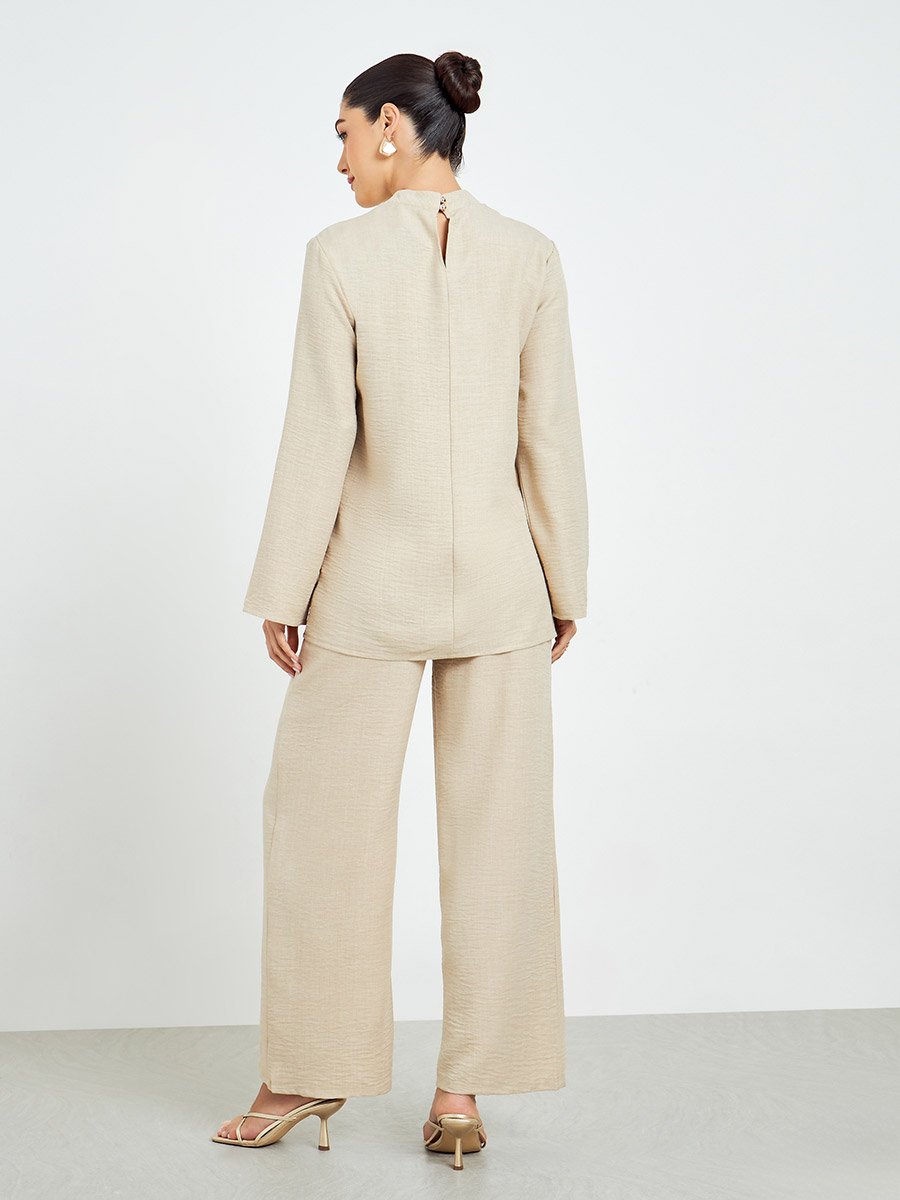 Beige Oversized Top and Wide Leg Pants Modest Set