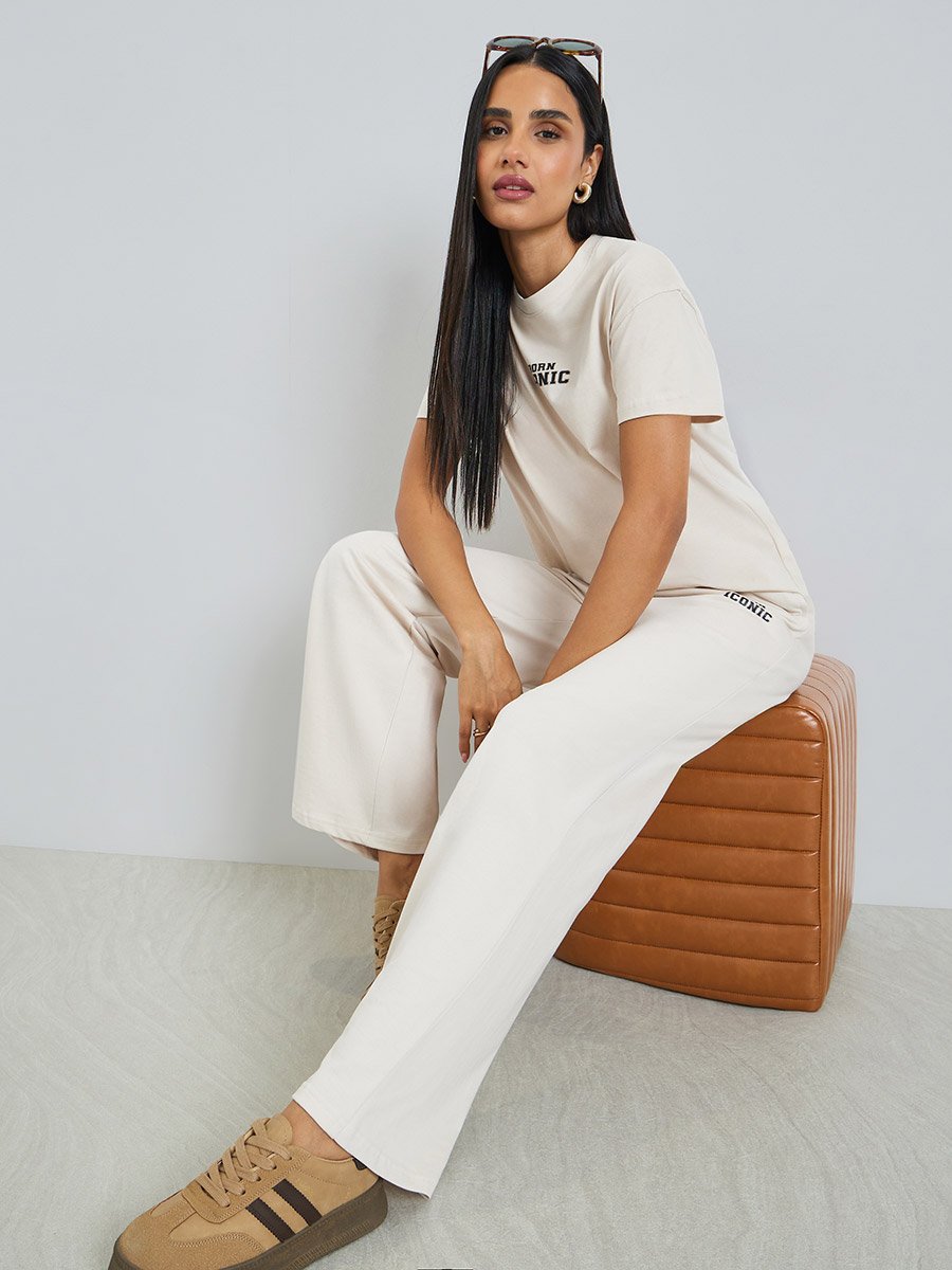 Off White Printed T-Shirt and Joggers Co-ords Set
