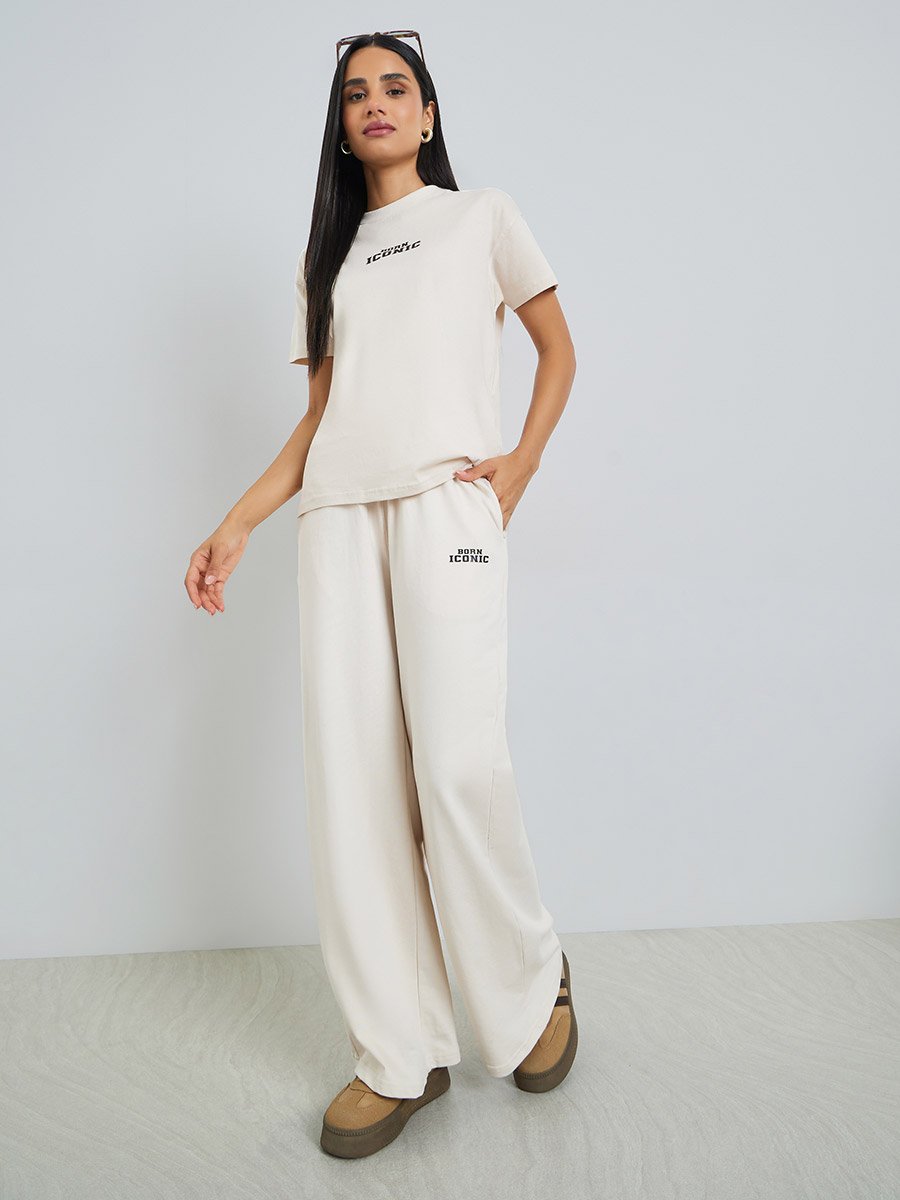 Off White Printed T-Shirt and Joggers Co-ords Set