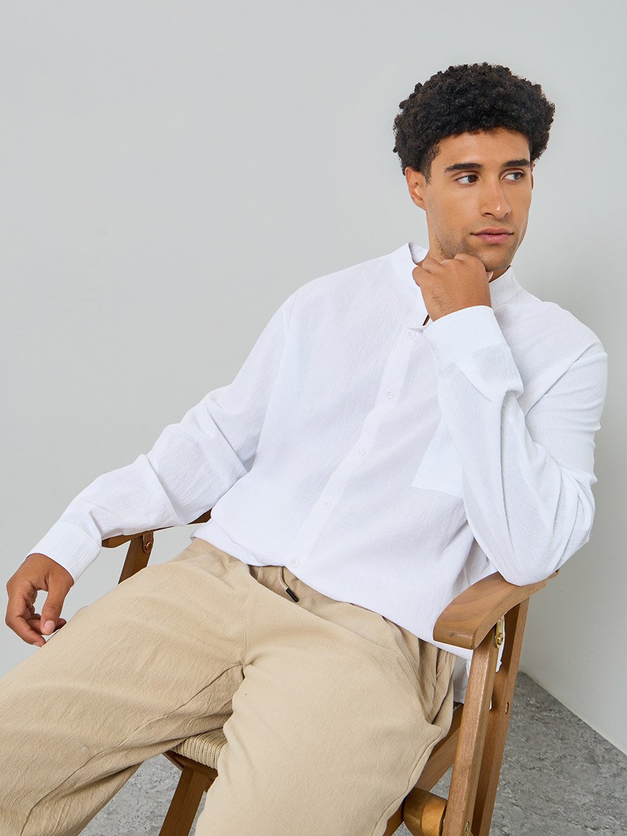 Men White Mandarin Collar Linen Shirt