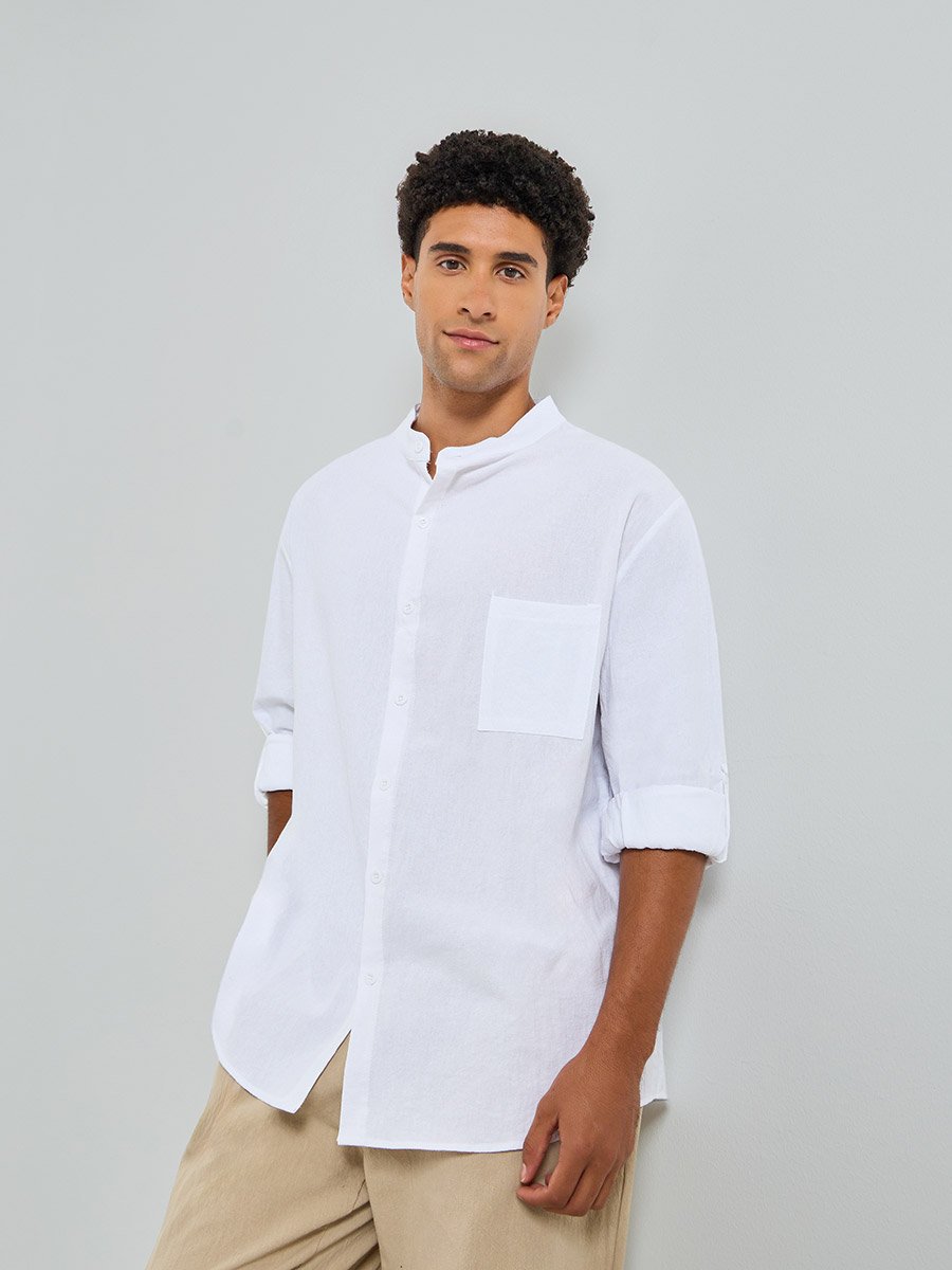 Men White Mandarin Collar Linen Shirt