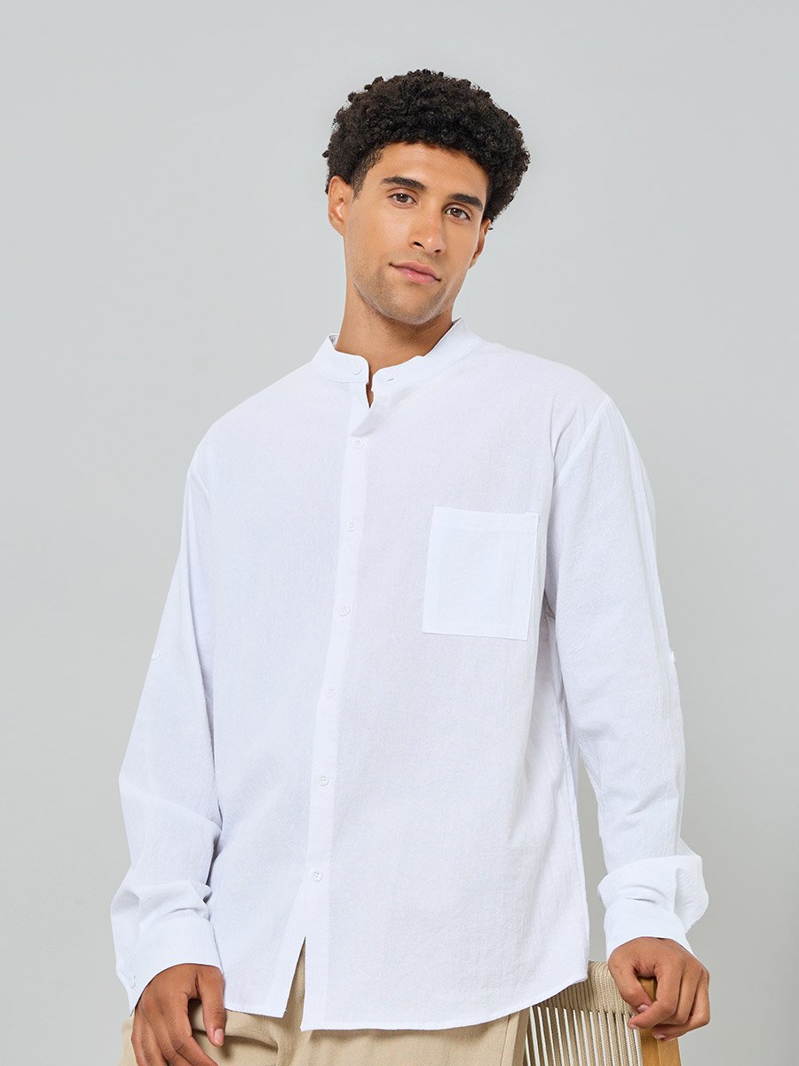 Men White Mandarin Collar Linen Shirt