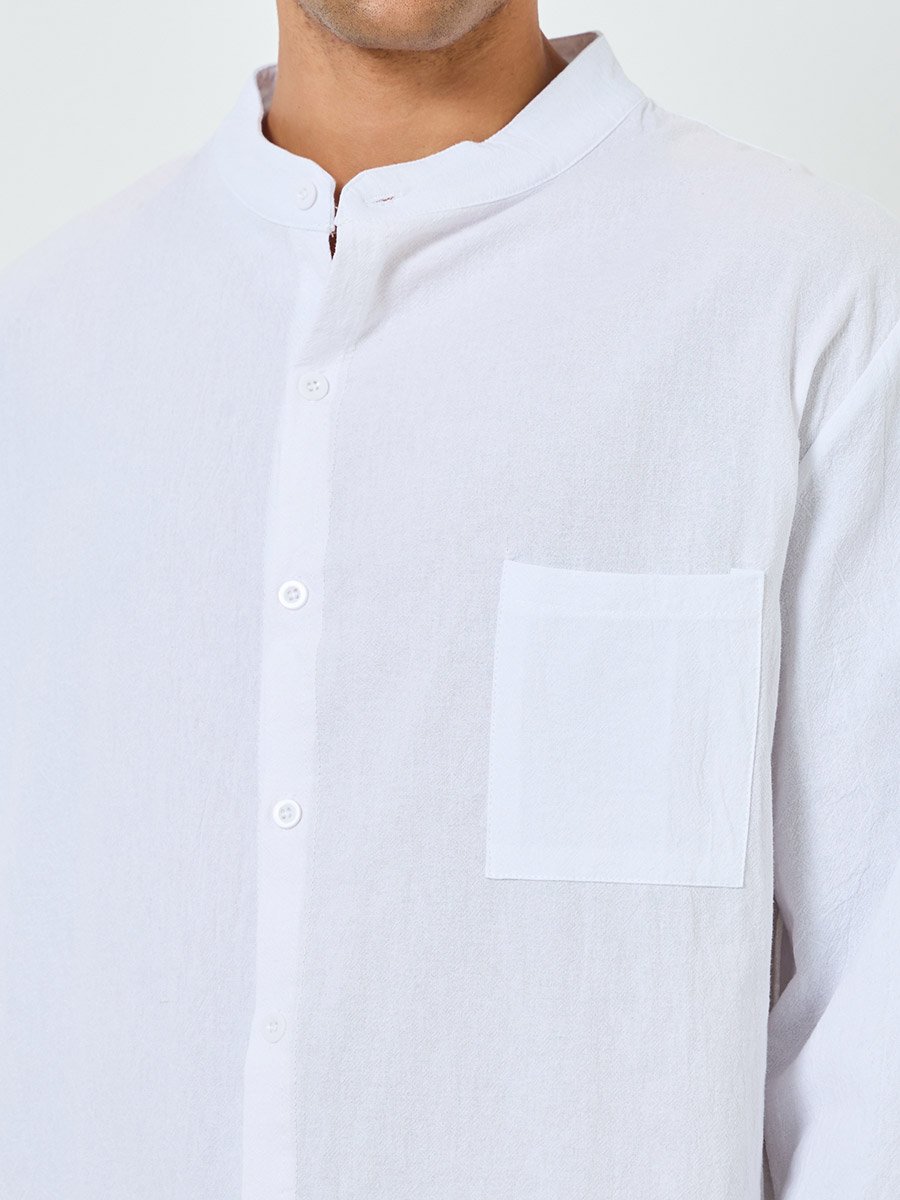 Men White Mandarin Collar Linen Shirt