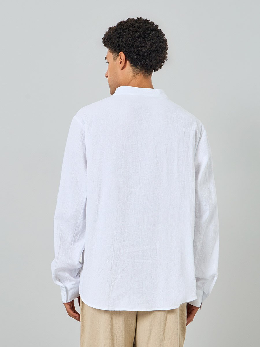 Men White Mandarin Collar Linen Shirt